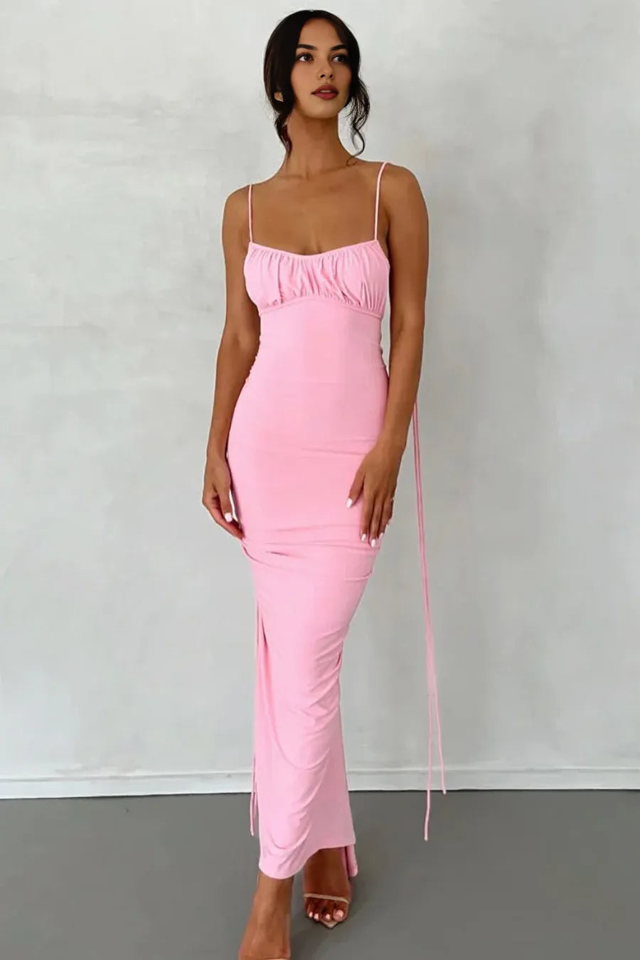 Weitese Dress Stylish Sheath Spaghetti Straps Pink Tea Length Party Dress with Backless Prom Dress